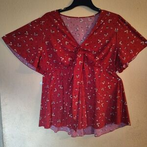 Red Flutter Sleeve Blouse with Sailor Collar and Tie Front